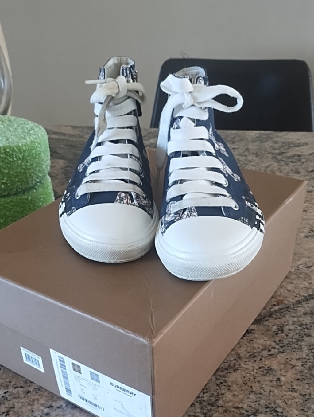 Burberry Navy Check High-Top Kids Sneakers with White Toe